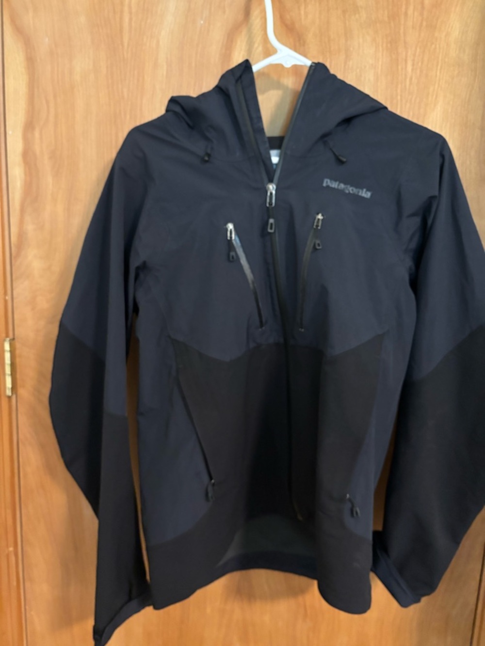 Patagonia Black Hooded Rain Jacket with Zip Chest Pockets